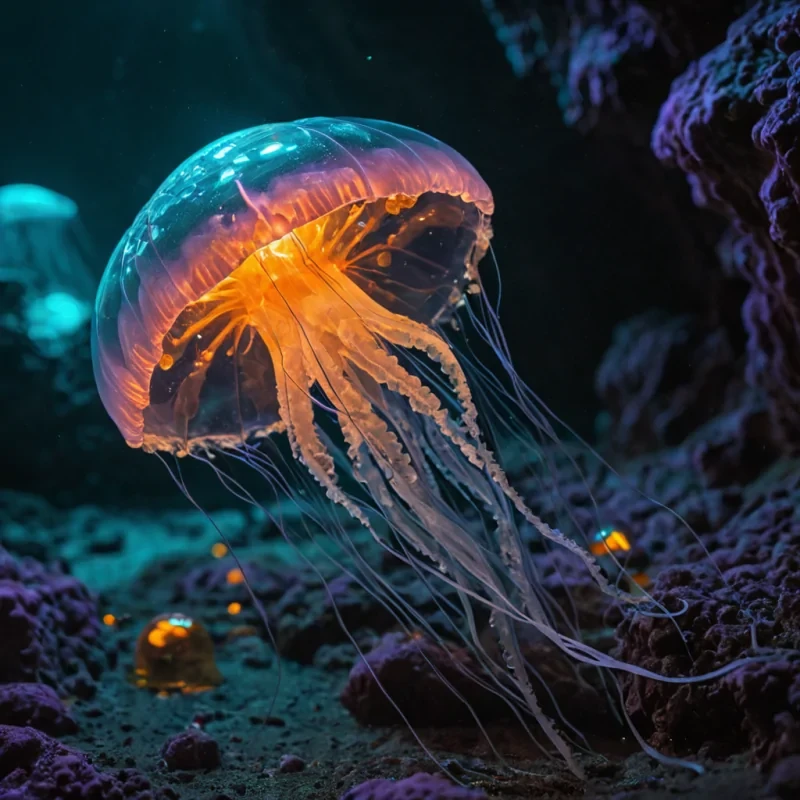 A macro, shallow depth of field shot of a solitary, translucent jellyfishlike entity drifting through a dense, subterranean cavern filled with suspended, glowing amber dust. The creatures bell is crafted from thin, flexible sheets of iridescent oilslick plastic, refracting the warm, orange light emitted by a cluster of bioluminescent fungal orbs attached to its trailing tentacles. Below, a vast field of sharp, crystalline quartz formations reflects the ambient glow in fractured patterns of violet and teal. The image is rendered in 8K resolution with hyperrealistic textures, capturing the delicate membrane of the creature, the swirling motion of the dust particles, and the soft, volumetric haze that fills the air, creating a serene and