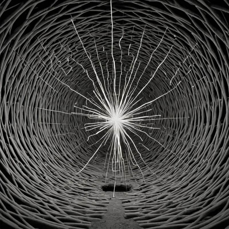 A single, selfresonating cluster of reversed resonance, shaped like a 1,000,000,000dimensional lattice of unformed frequency and inverted vibration, pulses at the center of a vast, inverted cavern of solidified silence. Each node is spun from the exact moment between a tuning fork striking and its refusal to ring, a heartbeat syncing with a distant drum and dissolving into nonrhythm, a voice beginning to speak and collapsing into pure, unmeasured nonharmony. The lattice does not transmit soundit untransmits it, each fraying filament shedding a layer of acoustic potential that never coalesced into melody, echo, or the weight of being heard, reforming into ephemeral,