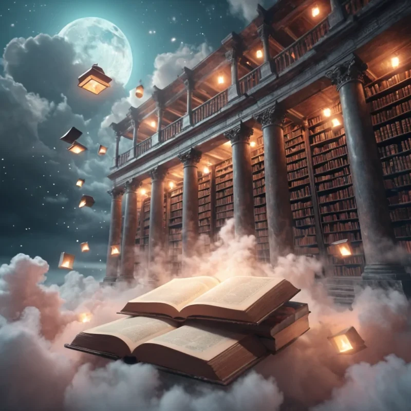A levitating, ancient library in the clouds, its stone pages illuminated by floating, spectral lanterns, hyperrealistic, 4K, cinematic lighting, volumetric lighting, atmospheric effects, soft focus, lens flare, pastel tones, detailed textures.