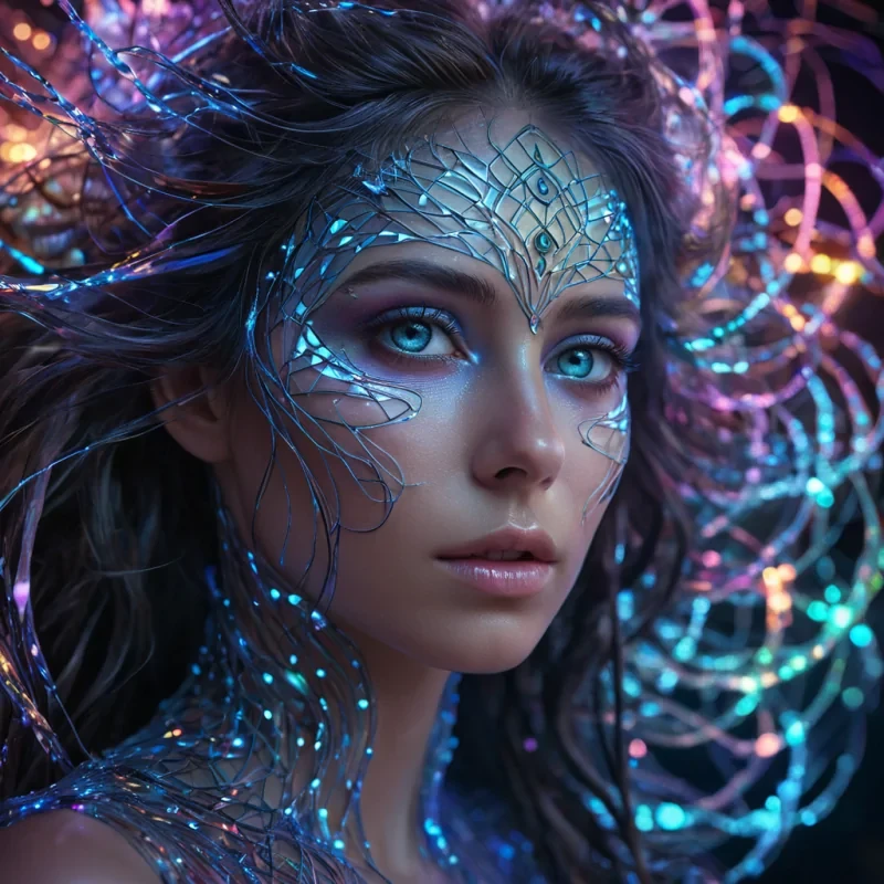 A hyperrealistic, 4K, ultra HD portrait of a quantum dreamweaver, her iridescent skin shimmering with the colors of a vibrant, neondrenched dreamscape at night. The dreamweavers eyes, a deep, enigmatic sapphire, hold the secrets of a thousand slumbering minds. Her hair, a cascade of shimmering, holographic fractals, gently pulses with each beat of her ethereal heart. The background is a surreal, hightech dream laboratory filled with floating, selfassembling labyrinths and the soft glow of thoughtprojectors. Cinematic lighting accentuates the dreamweavers otherworldly beauty, while a subtle bokeh effect blurs the neonlit subconscious, creating an
