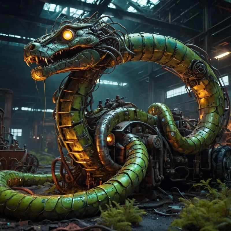 A colossal, mechanical serpent slumbers in a vast, industrial wasteland, its metallic scales rusted and adorned with neon moss, as tiny, bioluminescent robots scurry across its body, hyperrealistic, ultra HD, cinematic lighting, volumetric lighting, atmospheric effects, dynamic lighting, lens flare, vibrant colors, detailed textures.
