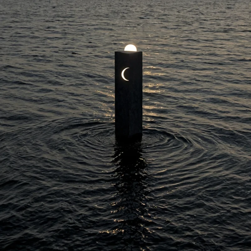 A single, selfrotating monolith of solidified moonlight, shaped like a geometrically impossible prism of refracted lunar silence, hovers at the center of a vast, inverted ocean of liquid shadow suspended between two unaligned tides of forgotten time. The monolith does not reflectit unmirrors, each facet dissolving a layer of illumination that never coalesced into a visible moon, reforming into ephemeral, pearlveined ripples shaped like the negative space between two eyes that never witnessed the same eclipse. The ocean is not aquaticit is a layered expanse of petrified night, each wave etched with the chromatic residue of a star that was almost named, its surface rippling with the slow