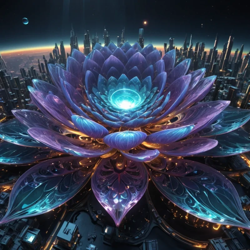 A hyperrealistic, 4K, ultra HD, fractal, opalescent, lotus metropolis, its gemstone structures unfurling zero gravity, aerodynamic ecosystems. Volumetric lighting from unseen, pulsating, bioluminescent hearts etches the citys ethereal, labyrinthine architecture, casting intricate, dynamic, iridescent shadows on the inverted, reflective void. Cinematic lighting bathes the scene in vibrant, nebular hues, with lens flare emphasizing the citys central, radiant, throbbing, opalescent heart, pulsating with captive, alien, aerothermal energy. Photorealistic, fractal, gemstone structures unfurl ultra HD, zero gravity, aerodynamic ecosystems.