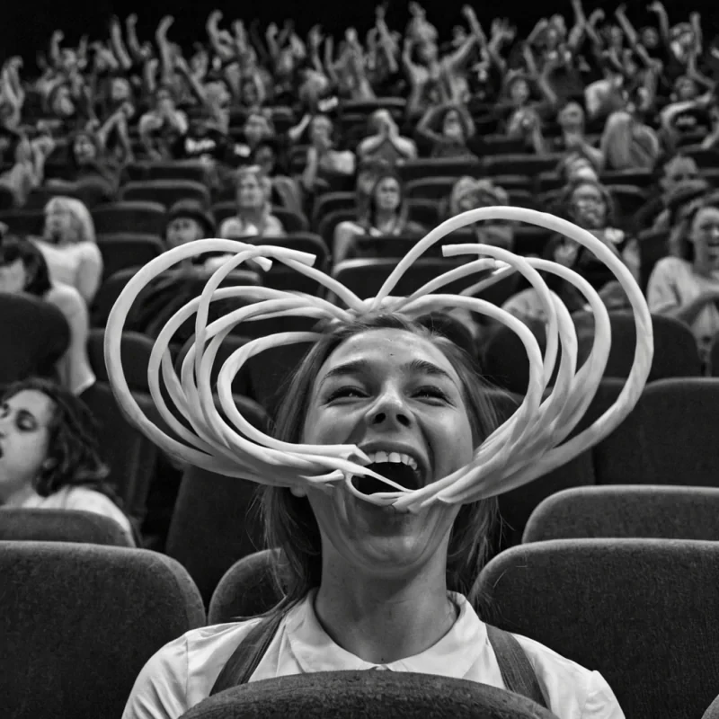 A single, selfsilencing filament of reversed laughter, shaped like a 1,789dimensional helix of unformed joy and inverted euphoria, drifts through a vast, inverted theater of solidified applauseeach seat carved from the exact moment between a smile forming and its refusal to spread, a cheer rising and dissolving into nonvibrational stillness, a hand clapping and collapsing into pure, unmeasured quiet. The filament does not echoit unechoes, each spiraling coil shedding a layer of emotional resonance that never coalesced into shared celebration, reforming into ephemeral, citrinethreaded afterimages shaped like the negative space between two mouths that never opened to laugh in unison. The