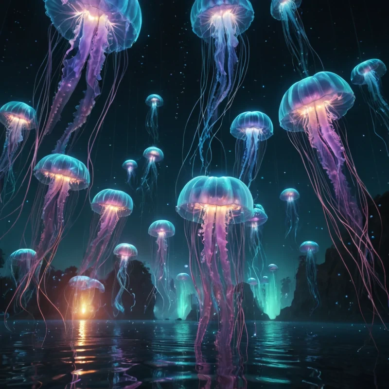 Photorealistic, colossal, iridescent, jellyfish swarm, their hyperrealistic, 4K, translucent bells pulsating ultra HD, bioluminescent, aquatic ecosystems. Volumetric lighting from unseen, pulsating, bioluminescent hearts etches the swarms ethereal, undulating architecture, casting intricate, dynamic, bioluminescent shadows on the inverted, reflective void. Cinematic lighting bathes the scene in vibrant, otherworldly hues, with lens flare emphasizing the swarms central, radiant, throbbing, iridescent heart, pulsating with captive, artificial, bioluminescent energy.