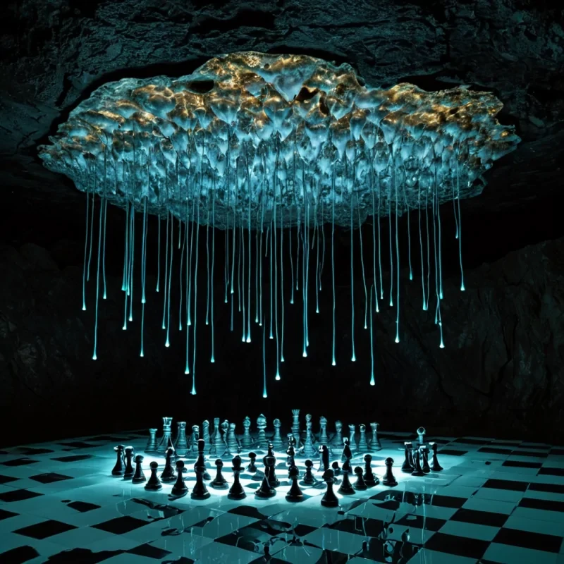 A vertical, ultrawide format conceptual photograph of a subterranean cavern where the floor is a seamless, reflective sheet of liquid mercury, perfectly still and mirroring the ceiling. The ceiling is not rock, but a vast, dense forest of translucent, bioluminescent jellyfishlike filaments hanging down like chandeliers, pulsing with a slow, rhythmic glow of electric violet and soft cyan. Floating above the mercury surface, defying gravity, is a solitary, ancient chess set made of polished, matte white porcelain and dark obsidian, with the pieces hovering at the exact moment of a critical move, suspended in midair. The air between the filaments and the mercury is filled with a fine mist of suspended gold dust that catches