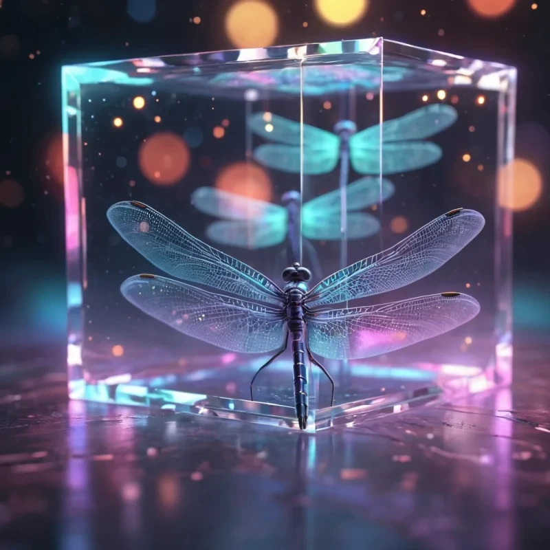 Hyperrealistic neon dragonflies with reflective metallic antennae darting in a cubic crystal chamber filled with ethereal mist, holographic beams weaving in volumetric lighting, dynamic reflections, bokeh effect, pastel tones, 4K