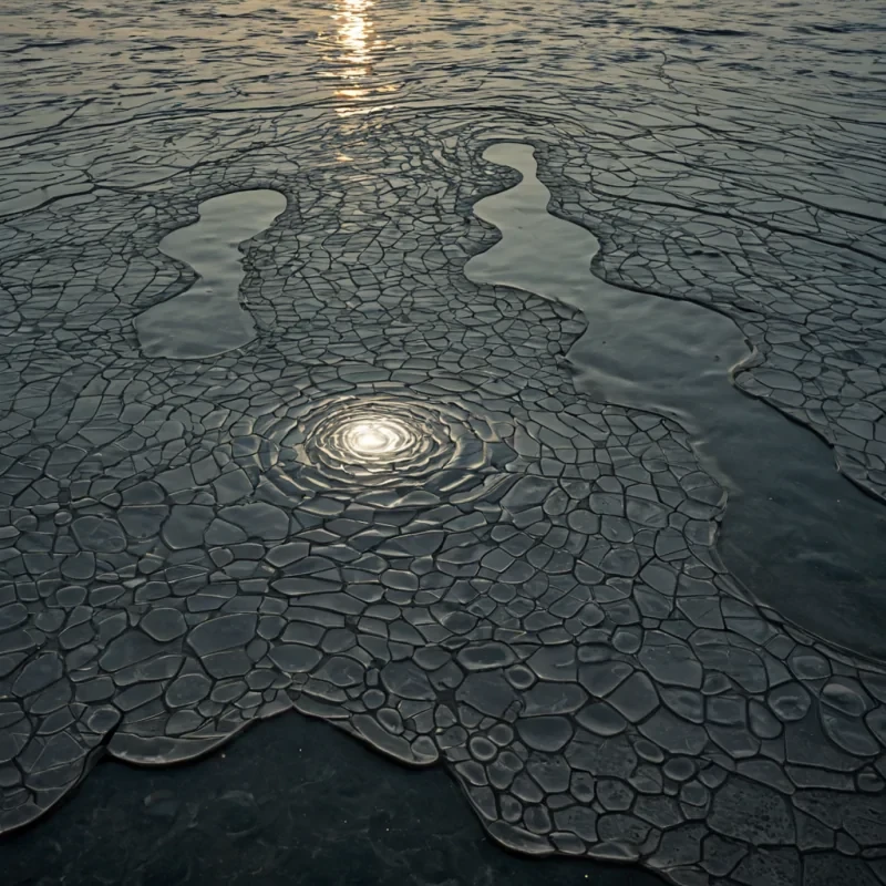 A single, selfunfolding sheet of solidified moonlight, shaped like a tessellated, nonreflective membrane of reversed lunar albedo, drifts at the center of a vast, inverted tidal pool carved from the compressed, unreflected glimmers of a civilization that communicated through the duration of synchronized, silent gazing at the surface of a still, black sea. The sheet does not shineit unreflects, each ripple dissolving a layer of luminance that never coalesced into a visible wave, reforming into ephemeral, pearlveined afterimages shaped like the negative space between two eyes that never mirrored the same star in the same moment of mutual awe. The tidal pool is not aquaticit is a