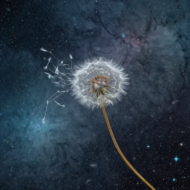 A single, floating dandelion seed made of solidified stardust and woven silence drifts through a vast, still nebula composed entirely of compressed dreams, its feathery filaments not of fluff but of frozen whispers from conversations that never happened. The seed does not floatit pulses, emitting not light, but a soft, subsonic resonance that causes the nebula to ripple like a liquid mirror of forgotten memories, each ripple forming the shape of a question asked in silence. The sky beneath is not skyit is a thick, iridescent layer of solidified breath, its surface etched with the faint, shimmering script of a name spoken only in dreams. The seeds core glows with the afterimage of