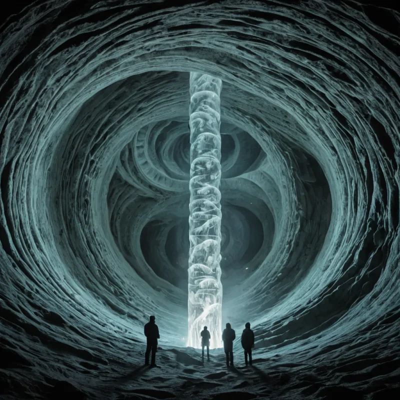 A single, humming column of solidified fog and reversed gravity stands at the center of a vast, mirrored cavern carved from the inside of a frozen nebula, its structure not vertical but spiraling inward like a wound that never closed. The column does not growit unfolds, revealing layers of compressed data not from the past, but from the future, each layer etched with the faint, ghostly script of decisions that have not yet been made. The cavern walls are not stonethey are layers of inverted memory, arranged in a spiral that spirals outward like a breath held too long, each shelf glowing faintly with the afterimage of a handshake that never happened. Above, the ceiling is not skyit is a dense, swirling