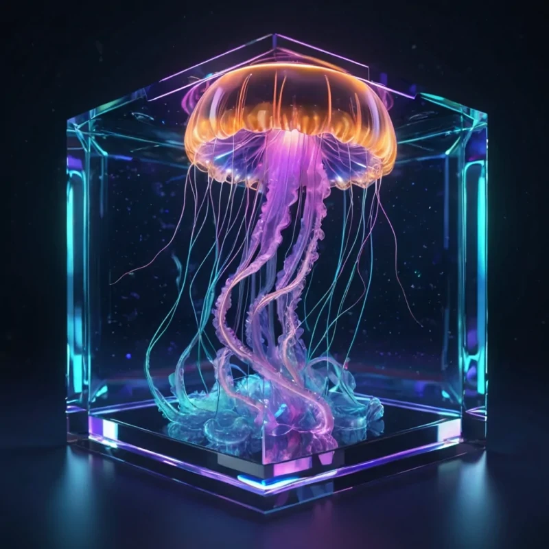 Hyperrealistic neon jellyfish with reflective metallic tendrils drifting in a cubic sapphire chamber filled with glowing phosphorescent gas, holographic spirals twisting in volumetric lighting, dynamic shadows, soft focus, vibrant colors, 4K