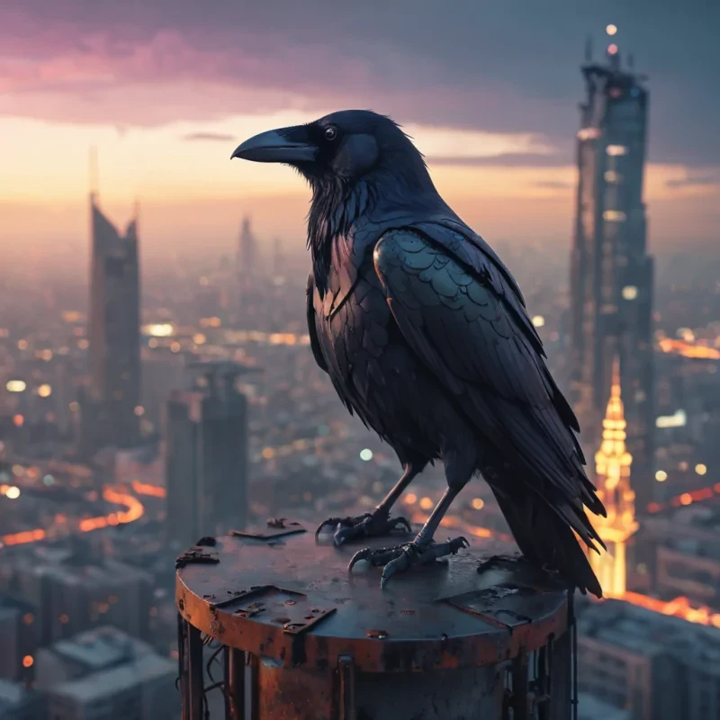 A lone, cyborg raven perched on a rusted, neonlit skyscraper spire, overlooking a dystopian cityscape shrouded in perpetual twilight, hyperrealistic, ultra HD, cinematic lighting, volumetric lighting, atmospheric effects, dynamic lighting, bokeh effect, soft focus, lens flare, pastel tones, detailed textures.
