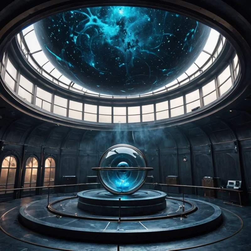 A hyperrealistic, eyelevel medium shot of a tranquil, circular observatory interior constructed from brushed bronze panels and curved, floortoceiling windows made of thick, smoked glass. The room is empty of people, but the center is occupied by a massive, spherical astrolabe crafted from interlocking rings of polished mahogany and etched silver, slowly rotating in midair without visible support. Within the core of the astrolabe, a dense, swirling nebula of liquid light in shades of deep indigo and electric cyan pulses gently, casting dynamic, shifting reflections onto the surrounding metallic surfaces. The lighting is dramatic and directional, with beams of twilight sunlight streaming through the windows, illuminating floating motes of dust that dance around the device