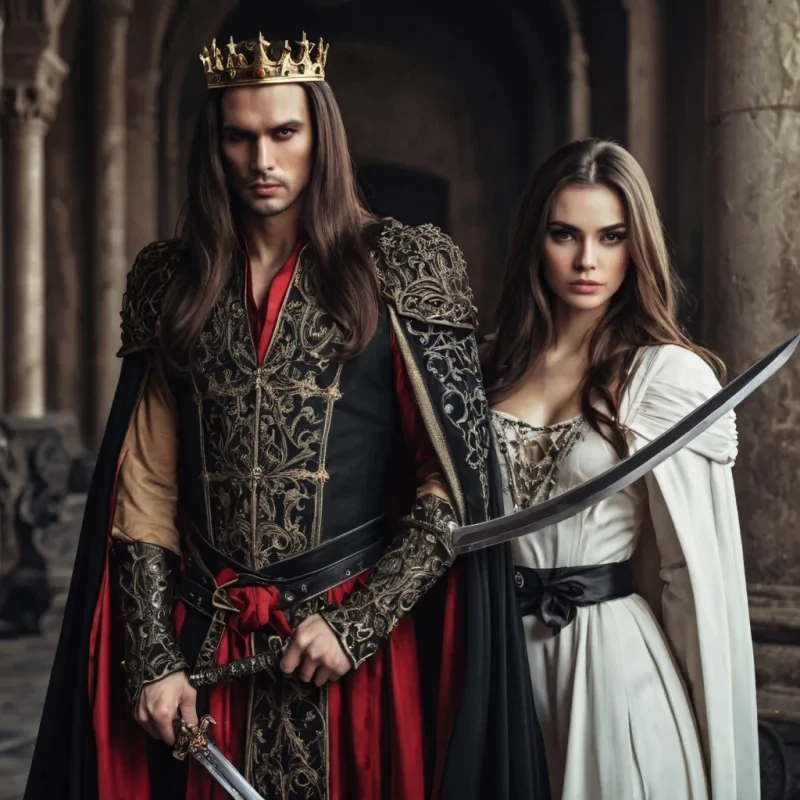 A modern handsome evil king with a sword in his hand dressed very nice with beautifully dressed beautiful brunette women with long hair