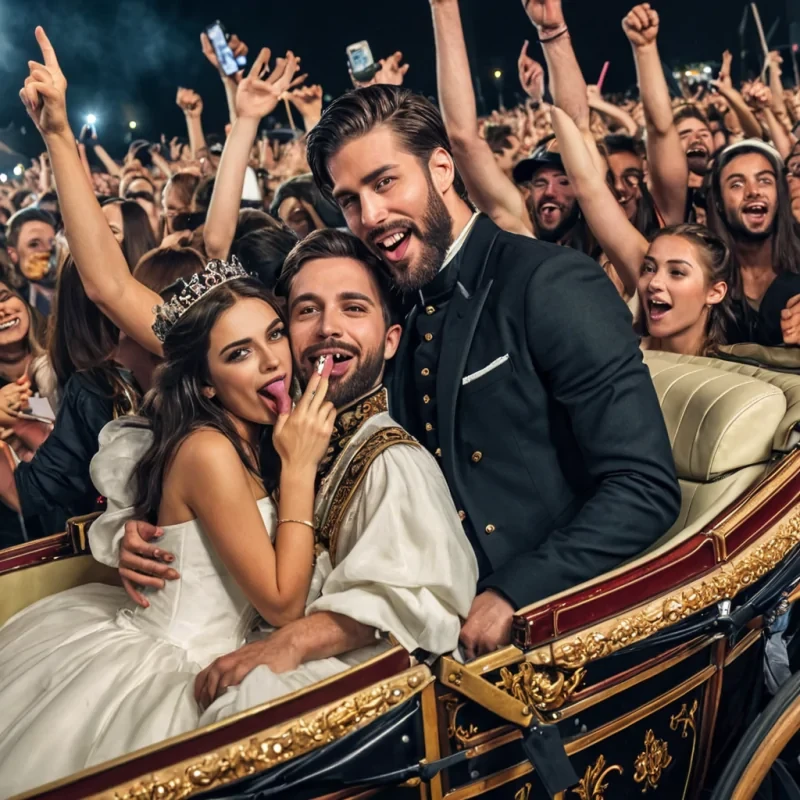 A very clear modern picture of a dark haired, modern handsome king with a beard along with beautifully dressed, brown haired women. They are riding in an royal open carriage amongst a happy crowd of EDM concert goers. One person in the crowd sticks her tongue out at him, doesn't like the king.