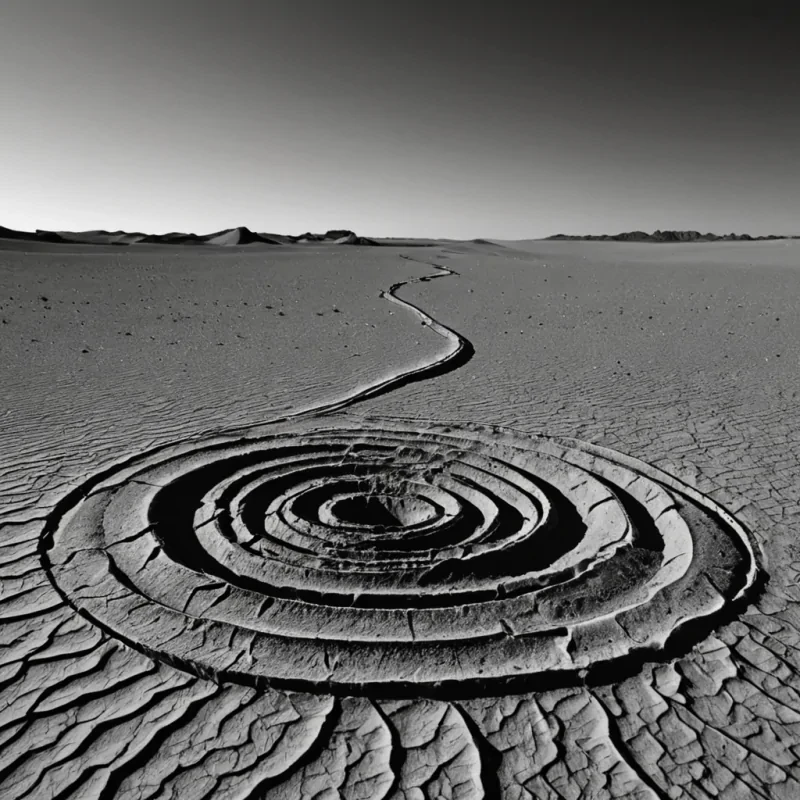 A single, selfsiphoning tendril of liquid shadow, shaped like a coiled, breathing helix of reversed time and unformed stillness, drifts through the center of a vast, inverted desert composed of the petrified silences of a civilization that communicated through the duration of synchronized, silent staring at the same unblinking horizon. The tendril does not darkenit unstares, each pulse dissolving a layer of gaze that never coalesced into a shared perception, reforming into ephemeral, obsidianthreaded afterimages shaped like the negative space between two pupils that never dilated in unison during the same moment of mutual absence. The desert is not aridit is a stratified expanse of compressed