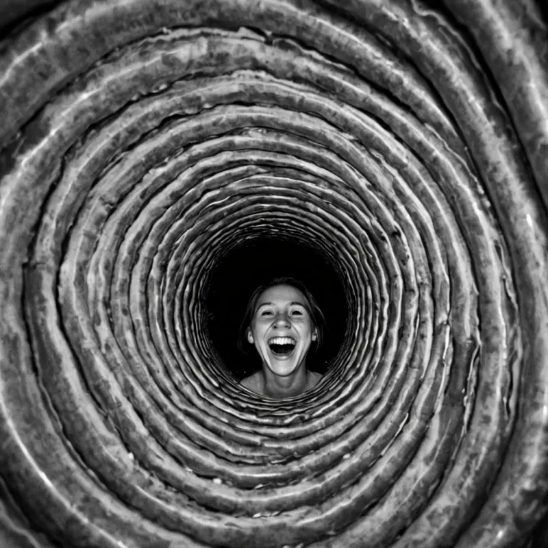 A single, selfsiphoning vortex of reversed laughter, shaped like a 3,141dimensional spiral of unformed mirth and inverted joy, churns through the hollow core of a vast, inverted theater of solidified silence. Each twist is spun from the exact moment between a chuckle escaping and its refusal to echo, a smile forming on lips and dissolving into nonexpression, a shared joke syncing with the rhythm of a forgotten audience and collapsing into pure, unmeasured nonlevity. The vortex does not amplify emotionit unamplifies it, each trembling coil shedding a layer of euphoric potential that never coalesced into connection, warmth, or the weight of being laughed with. As it spirals