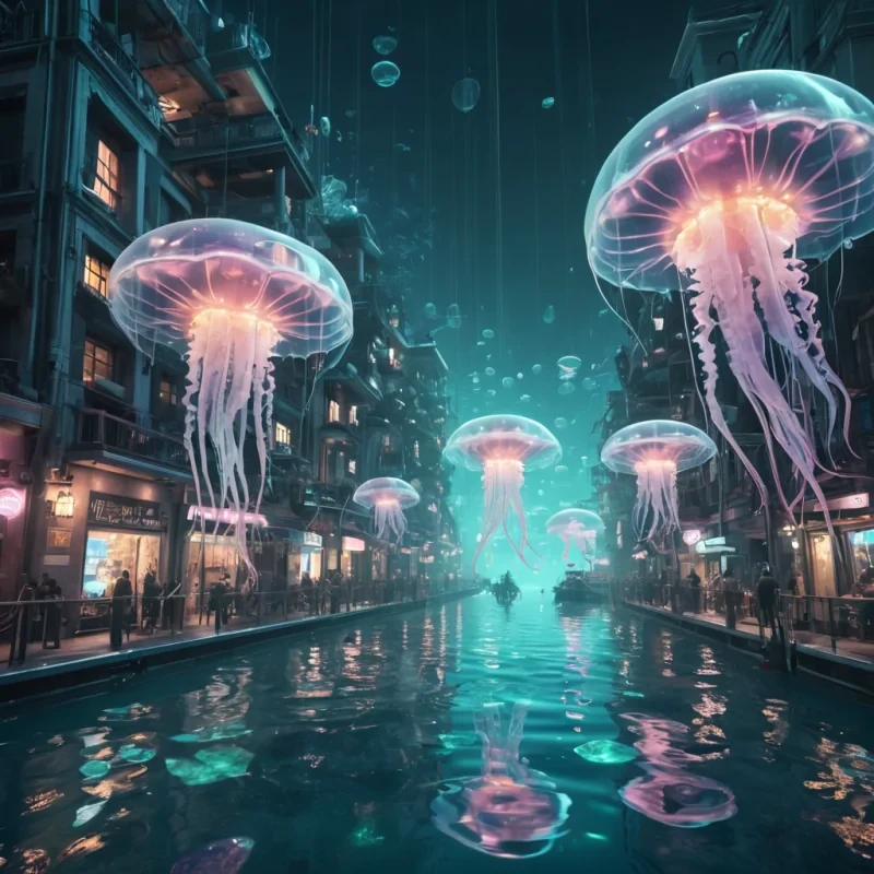 A vast, underwater metropolis illuminated by glowing, jellyfishlike drones, where citizens ride translucent, levitating platforms through crystalclear canals, hyperrealistic, 4K, cinematic lighting, volumetric lighting, atmospheric effects, soft focus, pastel tones, detailed textures.