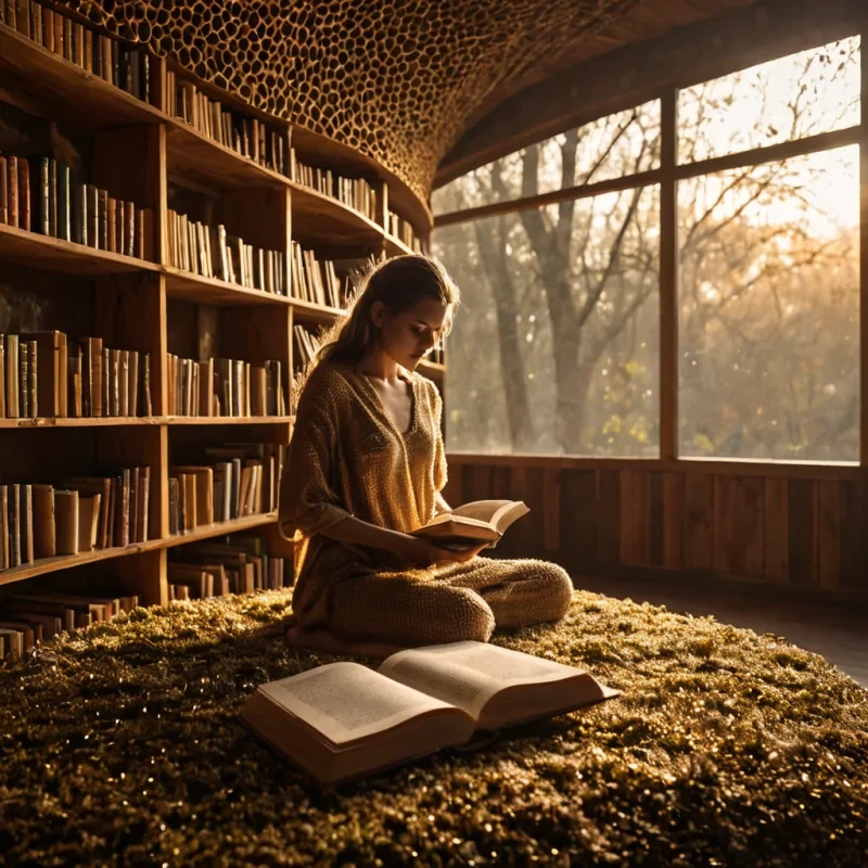 A photorealistic, eyelevel medium shot of a serene, floating library constructed entirely from interlocking, translucent slices of amberhued honeycomb and polished driftwood, suspended in a dense, misty atmosphere of soft, golden hour light. The interior features curved shelves carved from smooth, pale birch wood, holding books bound in leather that glows with a faint, warm internal luminescence. A solitary figure, dressed in a textured, earthtoned tunic made of woven hemp and raw silk, sits crosslegged on a cushion of dried moss, gently turning the pages of an open tome that releases a swirl of shimmering, golddust particles into the air. The background is filled with soft, outoffocus bokeh created