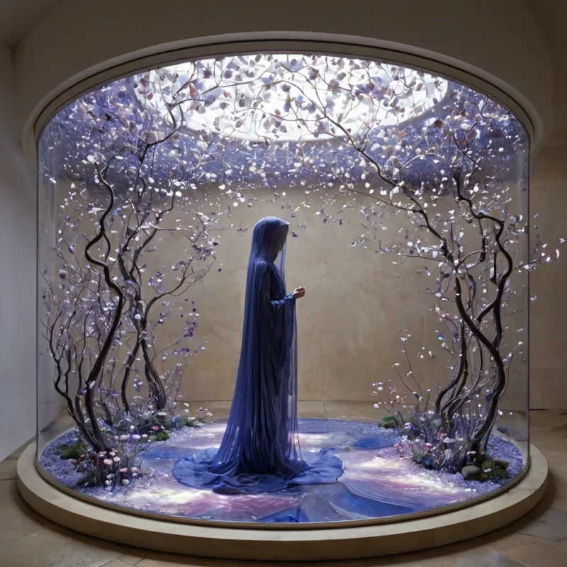 A horizontal, eyelevel medium shot of a tranquil, indoor sanctuary where the architecture consists of sweeping, organic curves formed from compressed layers of iridescent motherofpearl and soft, mosscovered stone. The floor is a seamless expanse of polished, deep blue lapis lazuli that reflects the diffused, ethereal light filtering through a ceiling made of stretched, translucent silk veils. In the center, a figure dressed in a flowing, asymmetrical robe crafted from shimmering, liquidmetal fabric that ripples like water stands holding a delicate, open frame made of slender, white porcelain branches. Within the frame, a miniature, floating garden of translucent, glassblown flowers in shades of pale pink and violet hovers in midair,