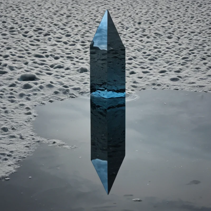 A single, selfreflecting monolith of reversed stillness, shaped like a 143dimensional prism of unformed reflection and inverted perception, floats at the center of a vast, inverted mirrorlake of solidified gazeeach ripple frozen in the exact moment between a glance captured and its refusal to be returned, a shadow cast and its denial of form, a surface touched and the hand retracting before contact. The monolith does not mirrorit unsees, each facet shedding a layer of visual potential that never coalesced into a shared image, reforming into ephemeral, sapphirethreaded afterimages shaped like the negative space between two eyes that never met in recognition, suspended in the deep, silent void where sight