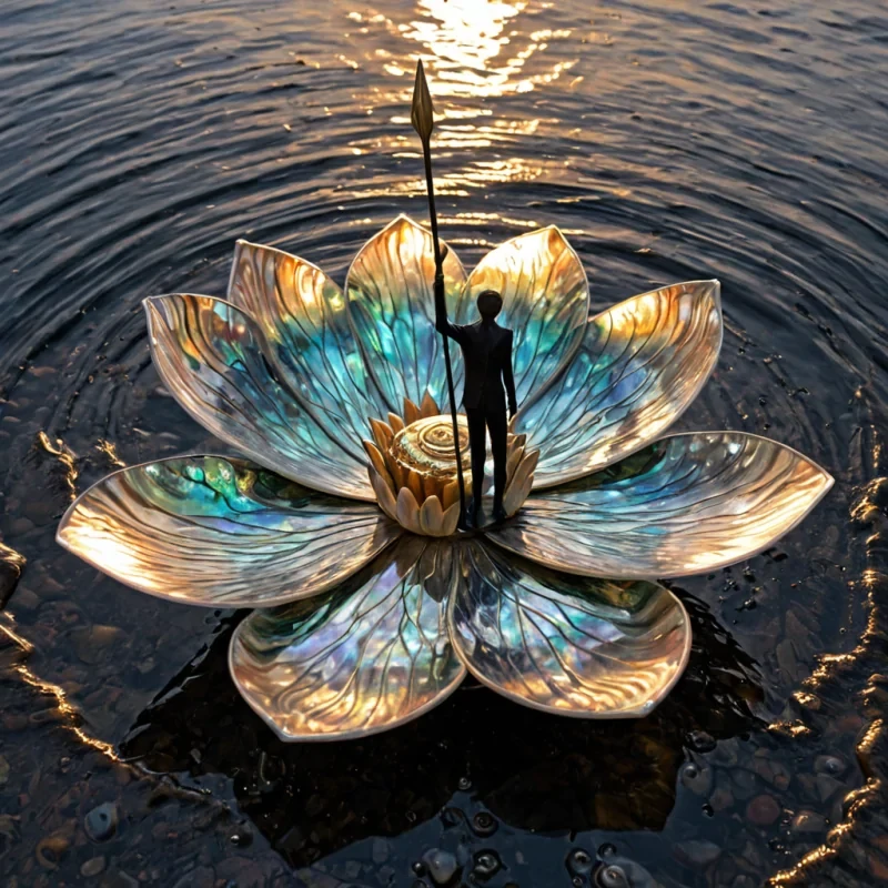 A closeup, macro perspective of a vast, undulating landscape composed entirely of millions of polished, iridescent abalone shells arranged in concentric, rippling waves that reflect a sky streaked with horizontal bands of iridescent oilslick colors. Rising from the center of this shimmering mosaic is a colossal, translucent glass sculpture resembling a blooming lotus flower, its petals infused with swirling, liquid gold and floating, suspended in midair by invisible magnetic fields. Perched on the highest petal is a solitary figure wearing a sleek, formfitting suit of matte black ceramic armor, holding a long, slender staff topped with a floating, glowing orb of pure white light. The scene is bathed in crisp, directional sunlight that