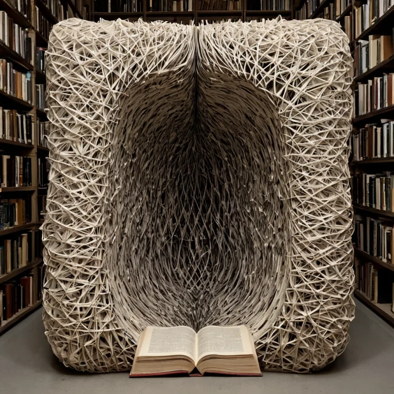 A single, selfrewriting archive of reversed silence, shaped like a 1,000,000dimensional lattice of unformed data and inverted information, floats at the center of a vast, inverted library of solidified forgetting  each book carved from the exact moment between a hand opening a volume and its refusal to turn a page, a sentence being read and dissolving into nonsemantic void, a voice whispering a title and collapsing into pure, unmeasured nonknowledge. The archive does not store memory  it unstores it, each fraying filament shedding a layer of cognitive potential that never coalesced into conscious understanding, reforming into ephemeral, obsidianveined afterimages shaped like the