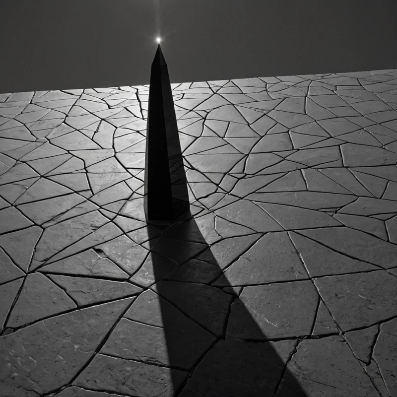 A single, humming spire of woven shadow and compressed light rises from the center of a vast, still plaza made entirely of polished obsidian and solidified breath, its surface not smooth but etched with the faint, iridescent script of a language spoken only in the silence between heartbeats. The spire does not standit pulses, each facet refracting not light, but the emotional residue of a decision made in perfect stillness, its edges glowing faintly with the thermal afterimage of a handshake that never occurred. The plaza beneath is not flatit is a thick, viscous layer of liquid memory, its surface cracked in perfect, nonEuclidean patterns that mirror the frequency of a heartbeat that never formed. Above, the sky
