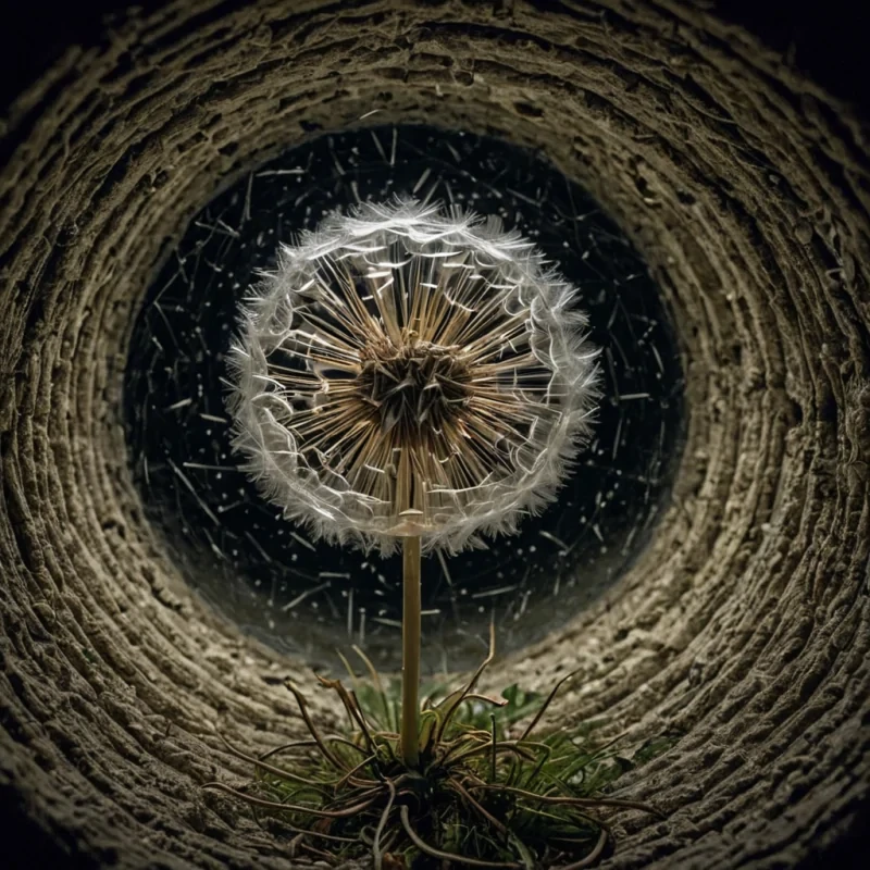 A single, bioluminescent dandelion floats in the center of a zerogravity chamber lined with walls of solidified radio silence, its seeds not fluff, but tiny, spinning microphones carved from frozen soundwaves, each one humming a different, inaudible frequency that only the observers subconscious can interpret. The flowers stem is made of coiled, selfrepairing copper wire woven with strands of solidified breath, glowing faintly with the residual warmth of a thousand whispered confessions. Around it, the chambers ceiling is a mosaic of shattered mirrors reflecting not the flower, but the exact moment it was first imaginedseen from the perspective of a child drawing it in the dark, their hand trembling, their eyes