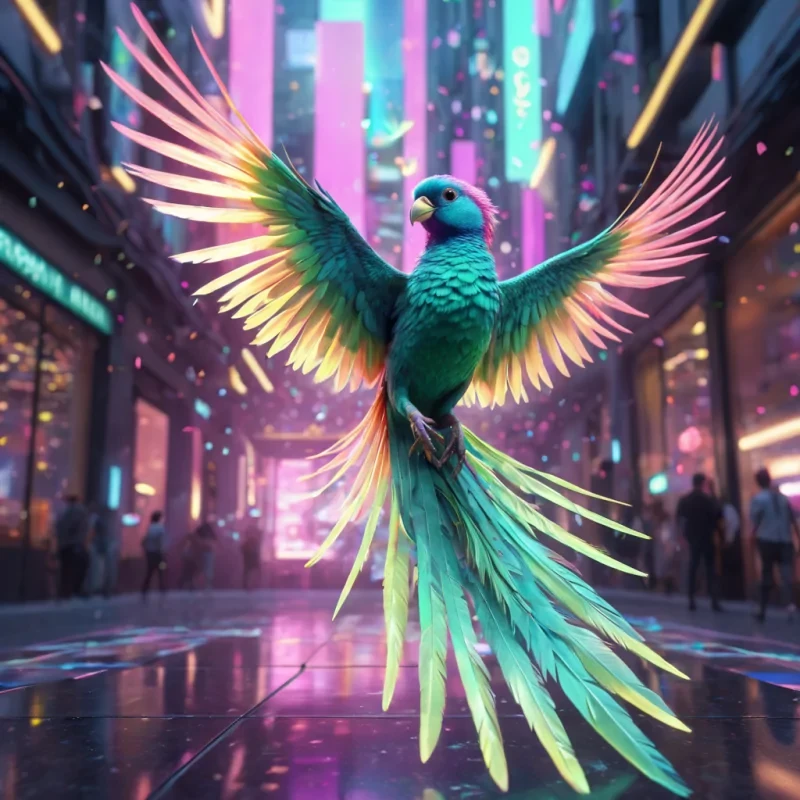 Hyperrealistic neon quetzal with iridescent feathers, gracefully soaring through a floating, geometric prism of reflective, swirling pastel triangles, dynamic lighting with volumetric beams, soft focus on its delicate, luminescent body, vibrant colors, 4K resolution, lens flare dancing around its ethereal form in a surreal, futuristic cityscape sanctuary.