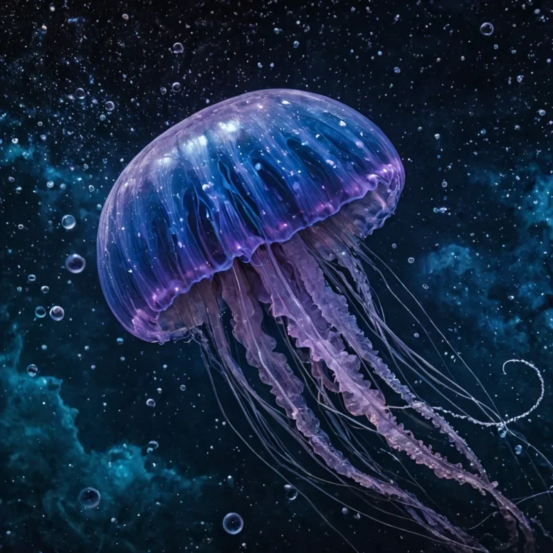 A single, colossal, translucent jellyfish drifts through the vacuum of a nebula composed entirely of solidified regret, its bell made of frozen, crystalline tears that refract the light of dead stars into the colors of unfulfilled promises. The tentacles are not organic, but woven from strands of solidified silence, each one humming with the lowfrequency resonance of a thousand unspoken goodbyes. Around it, the nebula pulses with slow, rhythmic waves of emotional decayghostly ripples of sorrow, longing, and quiet acceptance that spread outward like ripples in a glass pond. The background is a deep, bruised indigo, streaked with veins of iridescent ash that glow faintly when touched by