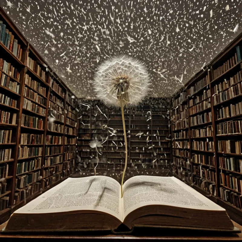 A single, selfreflecting dandelion seed floats suspended in the center of a vast, still library built entirely from folded sheets of forgotten paper, each page not inked but etched with the faint, thermal afterimage of a breath exhaled in a language composed of rustling leaves. The seed does not driftit pulses, its delicate filaments unfurling not into wind, but into a slowmotion cascade of microconstellations that spell out the name of a city that was never named, each star forming from the residue of a sigh whispered into a silence that never ended. The library walls are not woodthey are layered membranes of solidified air, each shelf carved from the compressed echo of a lullaby sung in