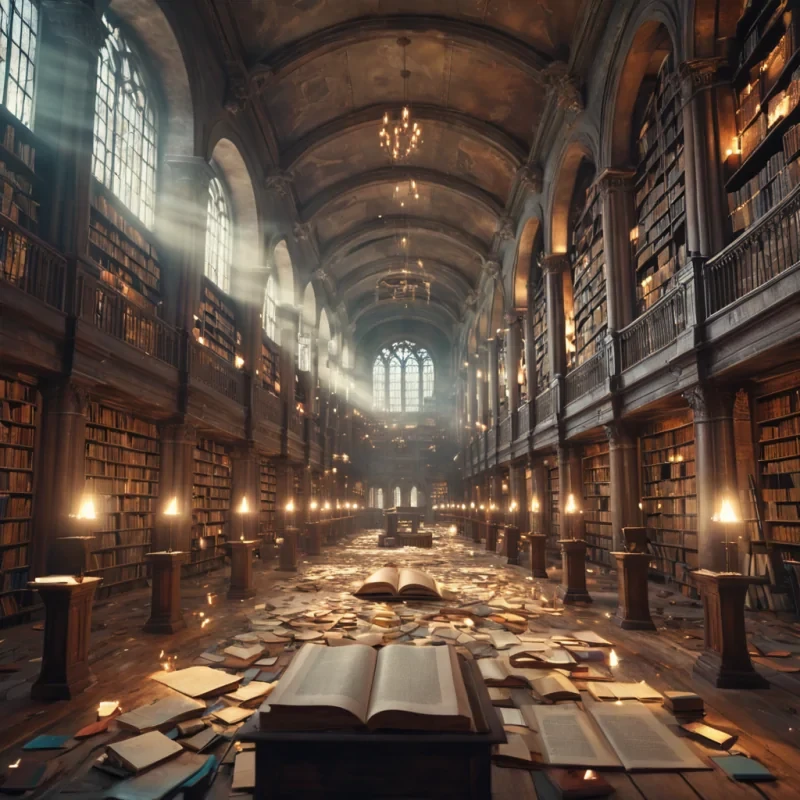 A vast, abandoned library filled with floating, illuminated manuscripts, where spectral librarians silently organize the airborn pages, hyperrealistic, 4K, cinematic lighting, volumetric lighting, atmospheric effects, dynamic lighting, bokeh effect, soft focus, lens flare, pastel tones, detailed textures.