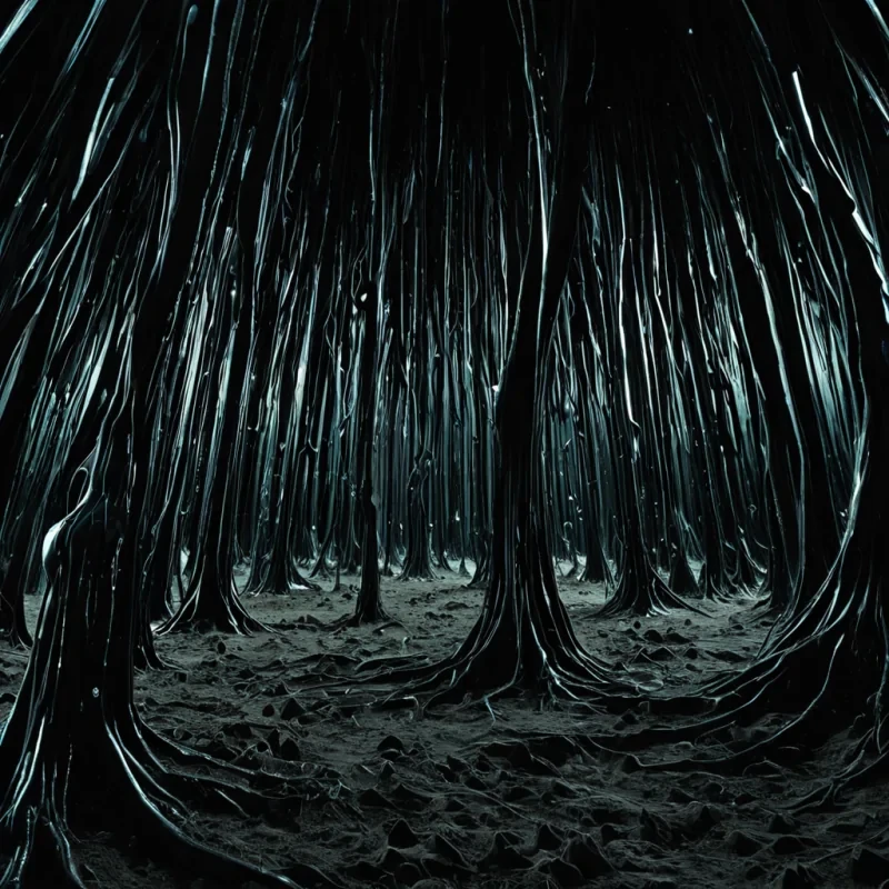 A towering, inverted forest of liquid obsidian grows upsidedown from the ceiling of a cavern buried deep beneath a planet made of solidified static, its roots dangling like thick, black tendrils into the dark, still air. Each tree is a single, elongated droplet of frozen signal noise, its surface rippling with faint, ghostly interference patterns that shift when touchedrevealing fleeting, abstract visions of forgotten radio transmissions, distorted voices from dead frequencies, and the faint hum of a longgone broadcast tower. The ground is a smooth, mirrorlike surface of compressed silence, reflecting not the trees, but their inverted, timereversed shadows that move independently, as if the forest is being watched from the future. At the