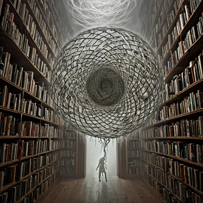 A single, selfigniting fractal of reversed dreams, shaped like a 7,843dimensional lattice of unformed lucidity and inverted subconscious, pulses at the center of a vast, inverted library of solidified wakefulness. Each node is woven from the exact moment between a thought forming in sleep and its refusal to cohere, a vision dissolving into nonimagery, a hand reaching for a doorknob in a dream and collapsing into pure, unmeasured nonaction. The lattice does not contain dreamsit undreams them, each unraveling point shedding a layer of psychic potential that never coalesced into narrative, symbol, or emotional resonance, reforming into ephemeral, obsidianveined mist