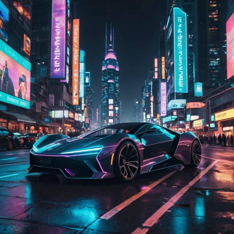 A hyperrealistic, 4K, ultra HD portrait of a neondrenched, hightech urban landscape at night. Towering skyscrapers, their facades shimmering with the colors of a vibrant, holographic cityscape. The foreground features a sleek, hovercar, its iridescent body gleaming under the volumetric lighting of a futuristic streetlamp. The background is a surreal, dynamic cityscape filled with floating advertisements and the soft glow of bioluminescent billboards. Cinematic lighting accentuates the citys otherworldly beauty, while a subtle bokeh effect blurs the neonlit streets, creating an intimate, focused atmosphere.