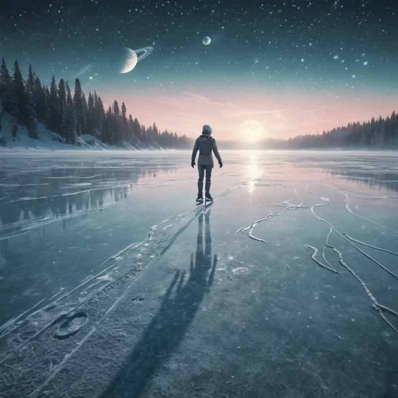 A lone figure skates across a frozen, alien lake under three moons, leaving trails of stardust in their wake, hyperrealistic, ultra HD, cinematic lighting, volumetric lighting, atmospheric effects, soft focus, lens flare, pastel tones, detailed textures.