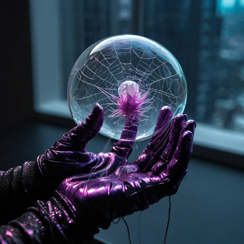 A macro, hyperrealistic closeup of a solitary figures hand, clad in a glove woven from fine, silver spidersilk threads, gently adjusting the delicate, iridescent membrane of a giant, floating seed pod suspended in a dense, violethued atmosphere. The seed pod is composed of translucent, soapbubblelike layers that refract the light from three distant, dim stars, creating a complex, shifting prism of cyan and magenta hues on the gloves surface. In the blurred background, a sprawling, vertical city built into the hollowedout interior of a colossal, hollow bone structure ascends into the darkness, its windows glowing with warm, amber light. The scene is illuminated by soft, directional rim lighting that highlights the