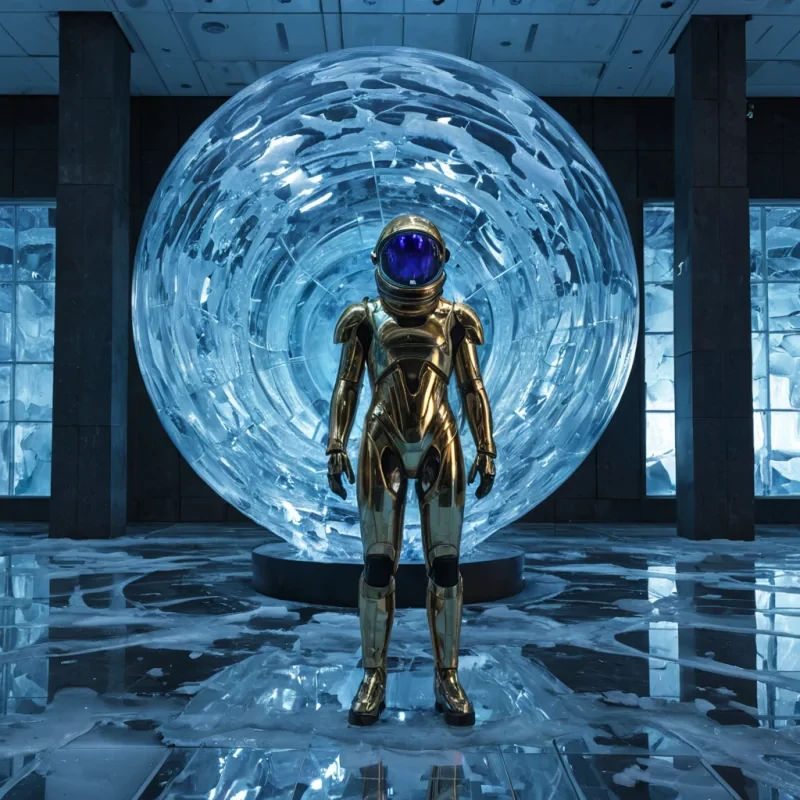 A photorealistic, eyelevel medium shot of a solitary figure standing within a vast, silent atrium constructed from seamless, translucent blocks of frozen deepsea ice, where the walls shimmer with trapped, bioluminescent plankton in hues of electric blue and soft violet. The figure wears a sleek, mattewhite spacesuit with subtle, glowing gold accents along the joints, their visor reflecting the intricate, swirling patterns of the ice. In the center of the room, a massive, spherical sculpture made of interlocking, polished brass rings rotates slowly, emitting a warm, amber light that contrasts with the cool, blue tones of the ice. The floor is a smooth, reflective surface of polished black granite, mirroring the ice walls and the