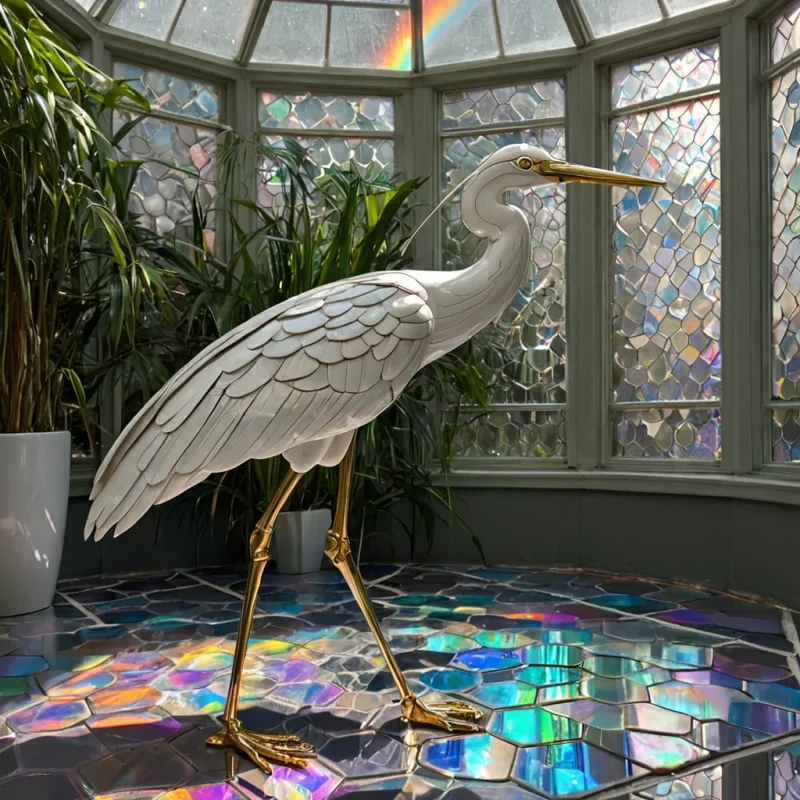 A hyperrealistic, eyelevel medium shot of a serene, sundrenched conservatory floor paved with large, hexagonal tiles of polished, iridescent opal glass that fracture the afternoon light into prismatic rainbows across the surface. In the center of the frame stands a colossal, anthropomorphic figure constructed entirely from intricate, interlocking brass clockwork mechanisms and delicate, white porcelain panels, its form resembling a graceful, elongated heron or crane. The figure is frozen in a moment of silent contemplation, one metallic wing extended as if shielding a small, floating orb of pure, liquid gold that hovers just inches from its beak. Surrounding the figure are rows of tall, cylindrical terrariums filled with dense, lush