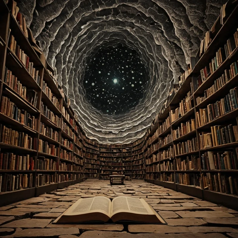 A vast, subterranean library of living stone lies beneath a planet made entirely of compressed, fossilized breath, each book formed from the solidified exhalation of a single, forgotten sigh. The shelves are not made of wood or metal, but of petrified wind currents, frozen midgust in perfect, spiraling arcs that hum with the frequency of a thousand unspoken lullabies. The pages are not inked, but etched with the faint, ghostly residue of whispered secrets that glow faintly when touched, revealing not words, but shifting, abstract constellations of emotioneach one a unique, personal language of longing, joy, or sorrow. The air is thick with the scent of ozone and ancient paper