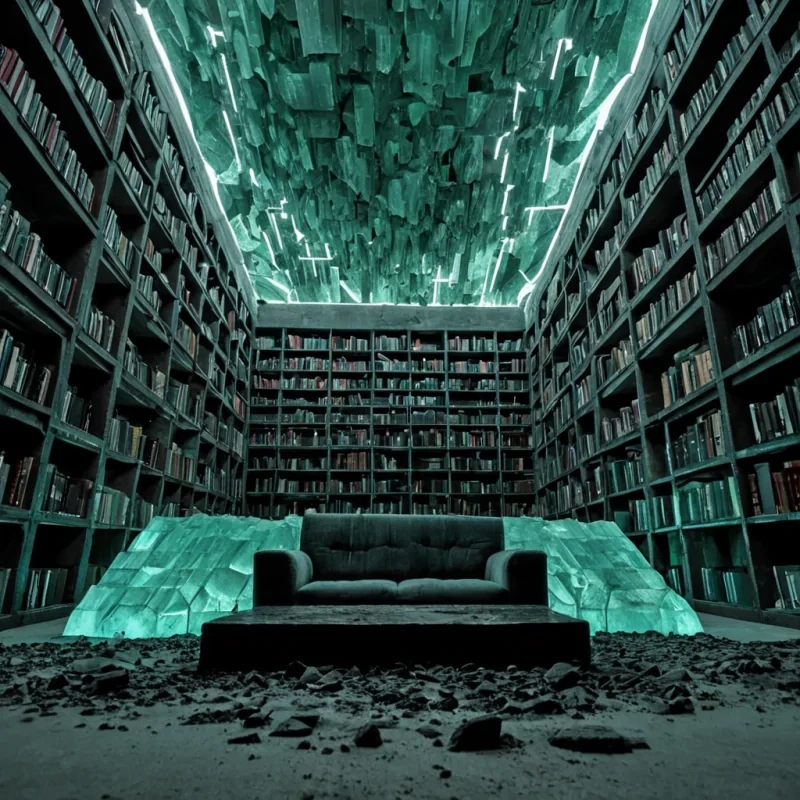 A lowangle, wideshot cinematic capture of a colossal, subterranean library constructed entirely from interlocking, semitranslucent slabs of frozen, mintgreen glacial ice. The architecture is brutalist and geometric, with sharp, angular bookshelves extending into a cavernous void where the air is thick with suspended, microscopic particles of crushed pearl that glow with a faint, internal pink luminesence. In the center of the floor, a massive, circular platform made of raw, dark obsidian rotates slowly, supported by a stream of clear, highpressure water rising from a deep pit below. On the obsidian platform sits a single, oversized, empty armchair upholstered in thick, plush, charcoal gray wool, with a small,