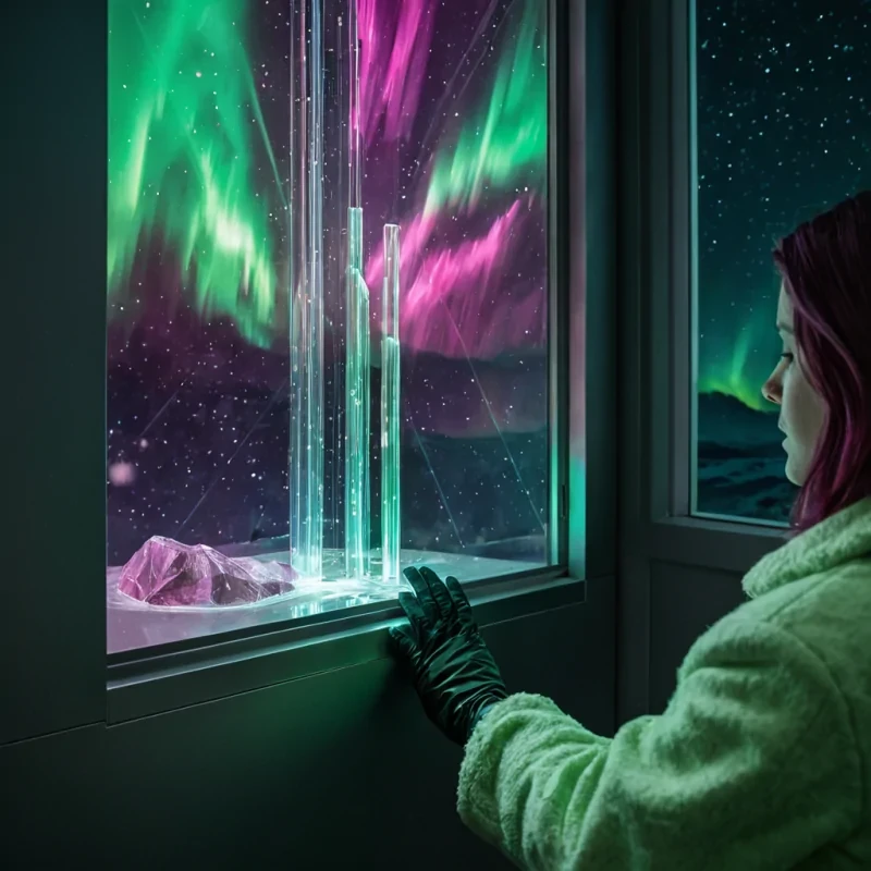 A photorealistic, eyelevel closeup of a futuristic archivists gloved hand carefully extracting a glowing, translucent data crystal from a vertical slot in a towering, curved wall of brushed tungsten. The environment is a highaltitude observatory with floortoceiling windows revealing a starry night sky streaked with the aurora borealis in vivid shades of emerald green and magenta. The archivist wears a textured, creamcolored wool coat with subtle, embedded fiberoptic threads that pulse with a soft, warm white light. The foreground is sharply focused on the intricate geometric facets of the data crystal, which contains swirling, nebulalike clouds of liquid light, while the background features a shallow depth of field, blurring the