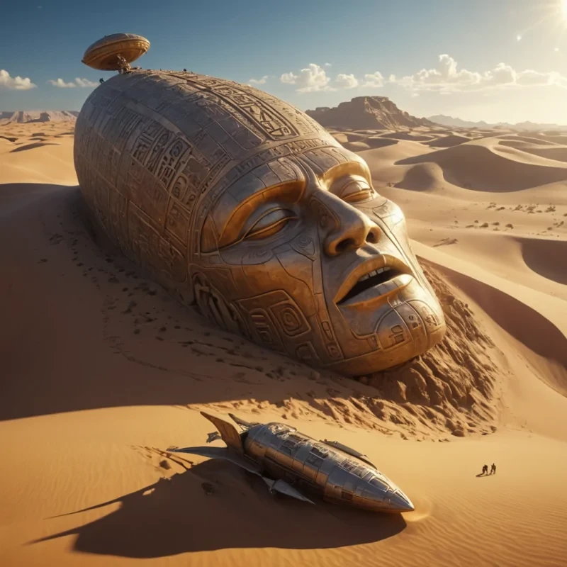 A colossal, ancient statue of a slumbering giant emerging from a desert dune, its stone surface adorned with intricate, glowing hieroglyphs, as a fleet of futuristic, solarpowered airships soar overhead, hyperrealistic, 4K, cinematic lighting, volumetric lighting, atmospheric effects, lens flare, vibrant colors, detailed textures.