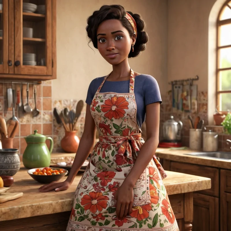 Generate a photorealistic image in 3D Pixar style of Amina Mid30s, warm expression, wearing a floral apron, on her African attire and give the image ID of the image