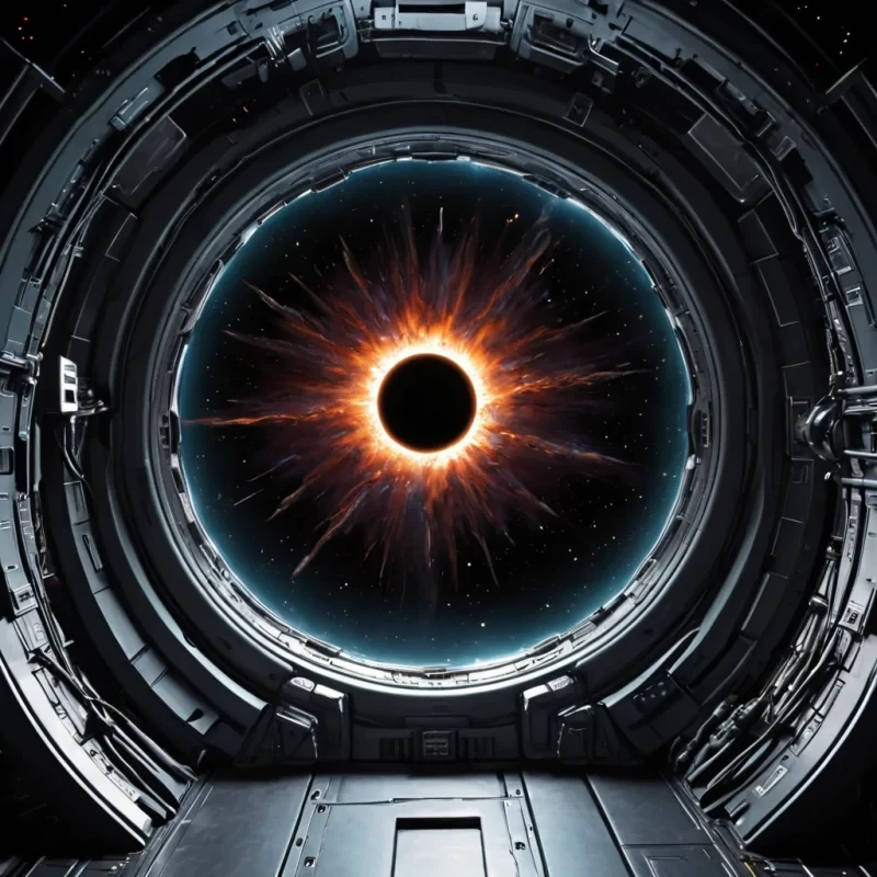 From the inside of a spaceship with a big view of an approaching a blackhole.