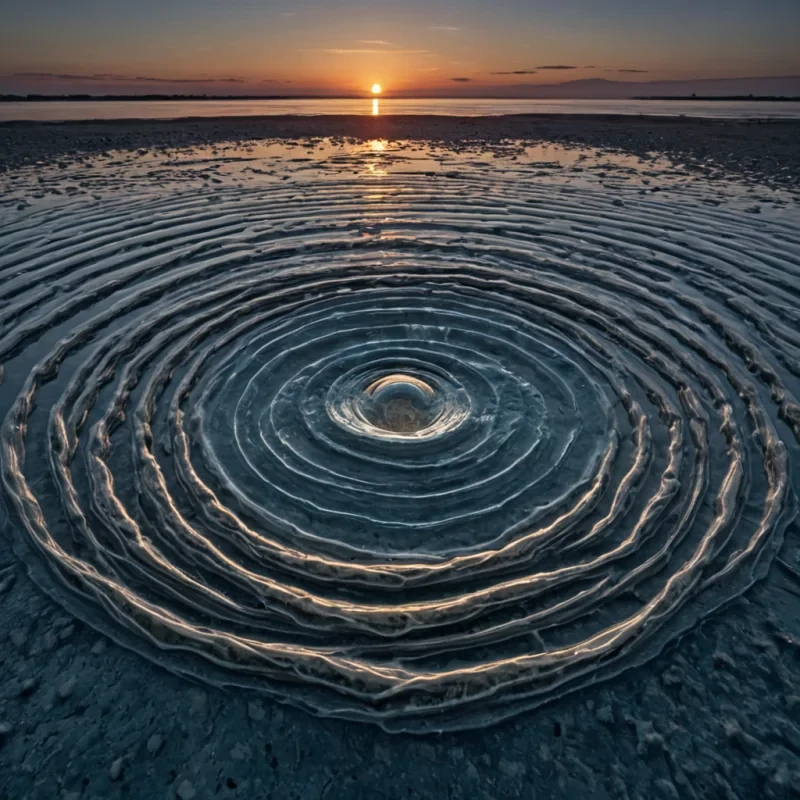 A single, selfilluminating droplet of solidified twilight, shaped like a 19dimensional toroidal knot of reversed entropy and unformed dawn, hovers at the center of a vast, inverted lagoon of petrified dreamseach ripple frozen in the exact moment of transition between sleep and waking, carved from the fossilized subconscious of a civilization that measured consciousness not by awareness, but by the duration of synchronized, breathless dreaming held just before the first thought was ever permitted to surface in a world where waking was forbidden. The droplet does not reflectit unimagines, each refractive surface shedding a layer of mnemonic potential that never coalesced into a shared memory, reforming into ephemeral, moon