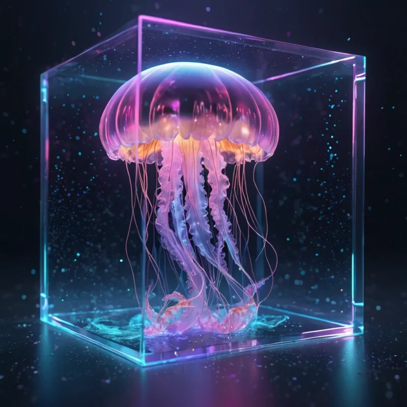 Hyperrealistic neon jellyfish with reflective metallic tendrils floating in a cubic chamber filled with glowing mist, holographic particles swirling in volumetric lighting, dynamic shadows, soft focus, vibrant colors, 4K