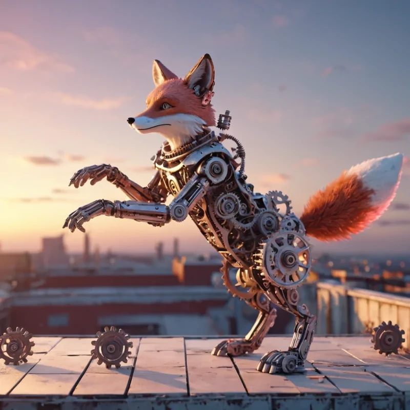 A whimsical, mechanical fox dances alone on a vast, neonlit rooftop, its gears and springs glowing with a soft inner light, photorealistic, 4K, cinematic lighting, volumetric lighting, atmospheric effects, soft focus, pastel tones, detailed textures.