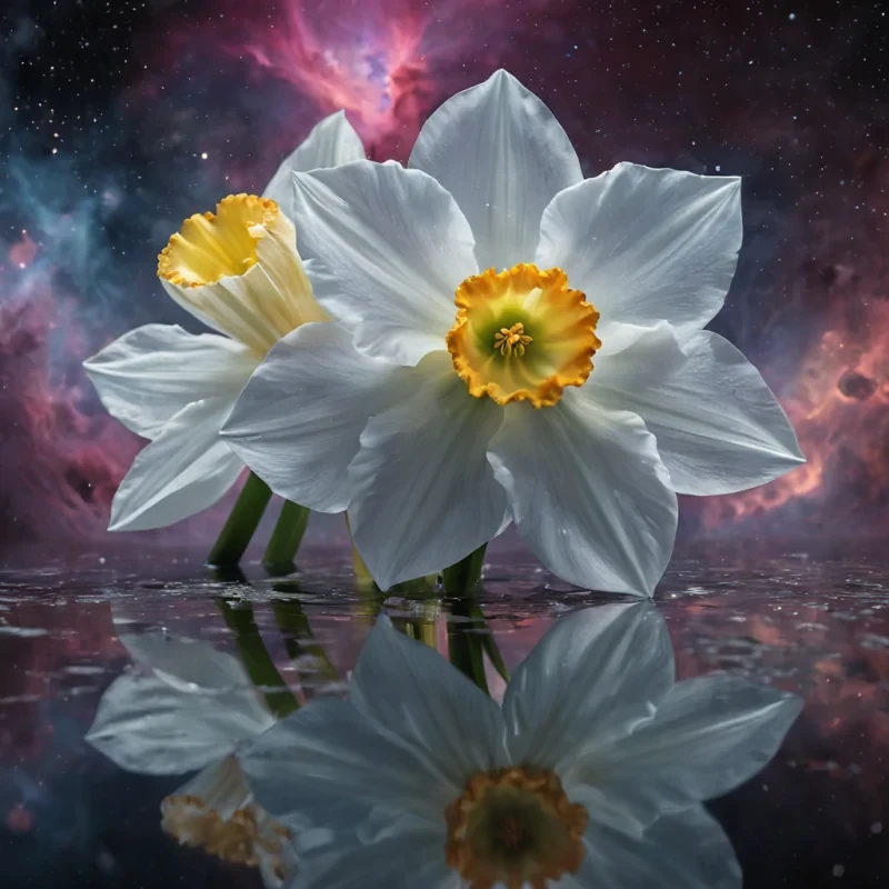 Nebula Narcissus A hyperrealistic, Ultra HD, ethereal narcissus flower blooms in the heart of a cinematic, swirling nebula. Volumetric lighting accentuates the flowers delicate, detailed petals, casting dynamic, otherworldly shadows. Atmospheric effects create a mesmerizing, ethereal dance of nebula gas, revealing the flowers serene, reflective expression as it gazes upon its own ultraHD, vibrant, neonlit reflection within a colossal, iridescent, crystalline pond.